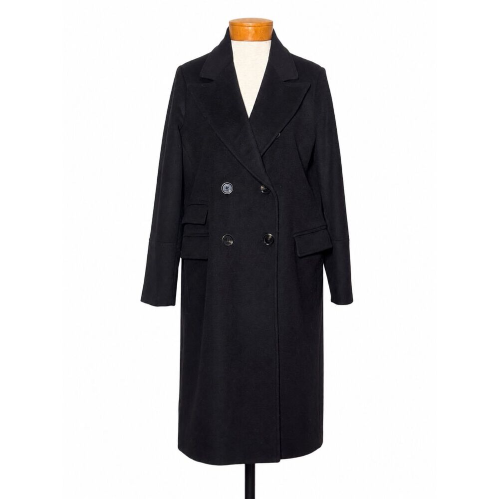 Michael Kors Wool Blend Double Breasted Maxi Coat L Black Trench Peacoat Long